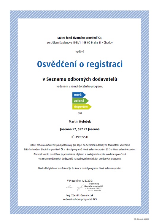 Certifikát dřevěné konstrukce